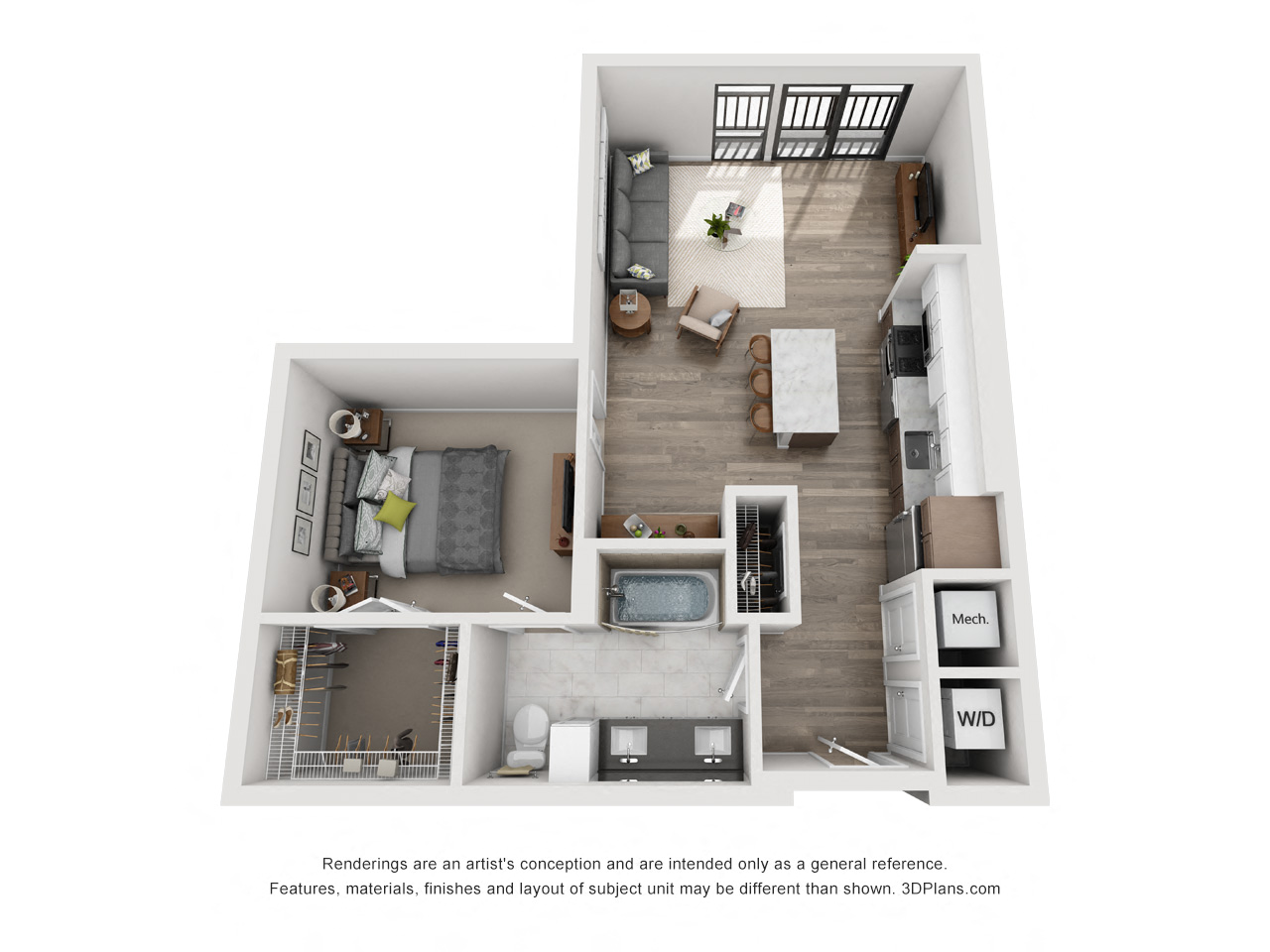 Floor plan for 1 bed, 1 bath, 732 sqft